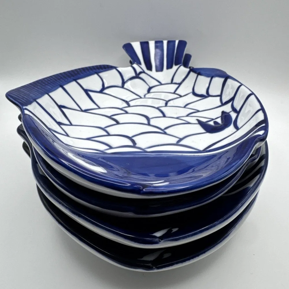 Vintage 90s Dansk Arabesque Fish Bowl Serving Platter Plate Blue & White Set 4
